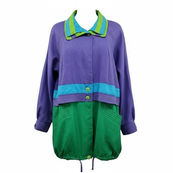Vintage 80s 90s JGallery Colorblock Windbreaker Parka Trench Purple Green Blue L - Picture 3 of 12